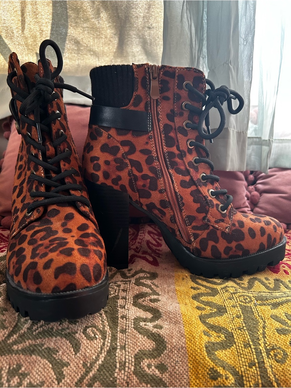Dream Pairs Leopard Print Lace-Up Block Heel Ankle Boots - Brown